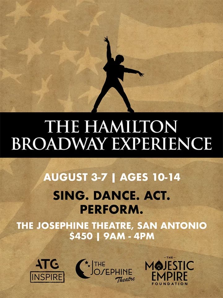 Young performers on stage at the Hamilton Broadway Experience (ages 10–14)